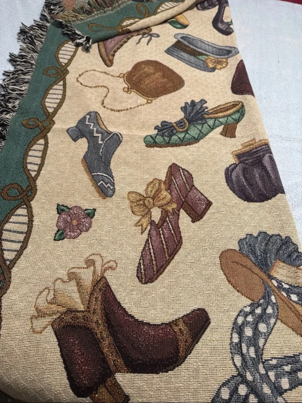 vintage Pat Cockrell Tapestry Throw Blanket Victorian Shoes Hats Purse